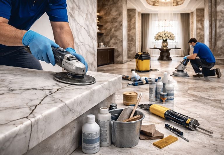 خدمات صيانة شاملة تشمل معالجة التشققات، إصلاح الكسور، تجديد الرخام القديم، وإعادة تأهيل الأرضيات للح